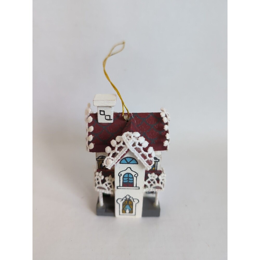 Vtg Kurt Adler Victorian House CHRISTMAS ORNAMENT Wood Lace Trim Village 1979
